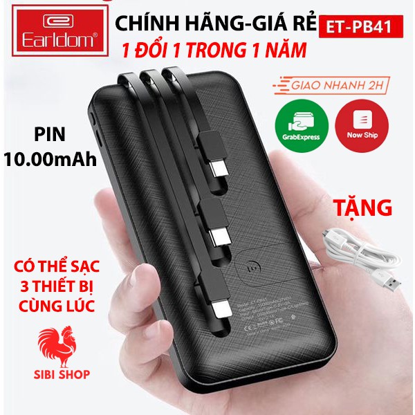 Sạc Dự Phòng Chính Hãng Earldom Dung Lượng 10.000mAh PB-41 Tích Hợp Cáp Sạc Nhanh Hỗ Trợ Chân Lightning Micro TypeC