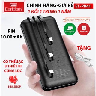 Sạc Dự Phòng Chính Hãng Earldom Dung Lượng 10.000mAh PB-41 Tích Hợp Cáp Sạc Nhanh Hỗ Trợ Chân Lightning Micro TypeC