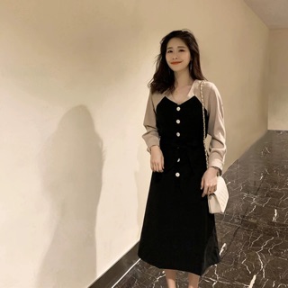 (Order) M-4XL Đầm thu đông dài tay phối màu basic thanh lịch kèm belt