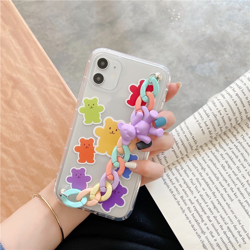 Ốp lưng iphone silicon gắn xích gấu nhiều màu dành cho iphone 6 đến 14promax - b332