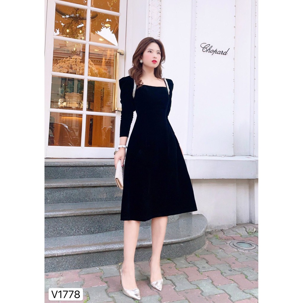 Váy nhung đen viền ngọc V1778 - Đẹp Shop DVC - Kèm ảnh thật trải sàn do shop tự chụp | BigBuy360 - bigbuy360.vn