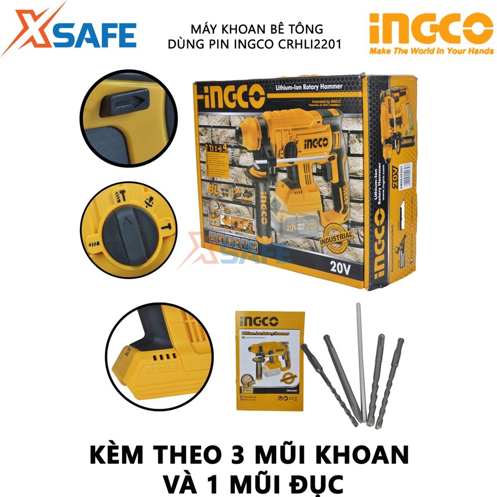 Máy khoan búa dùng pin dùng pin 20v không chổi than INGCO CRHLI2201 tốc độ 1350rmp, tốc độ búa 4700bpm, lực búa 1.5j