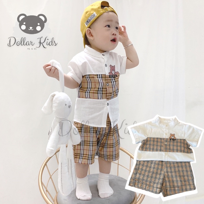 Bộ đũi trắng cổ tàu phối kẻ, bộ sơ mi cộc tay đi học đi chơi cho bé trai (8-21kg)