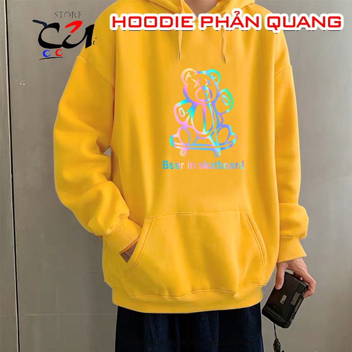 Hoodie Form Rộng Phong Cách Unisex In Phản Quang Hình Gấu Trượt Ván, Áo Khoát Nỉ Free Size