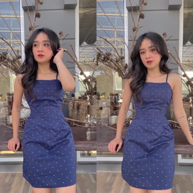 Đầm hai dây chấm bi trắng - váy ôm xoè nhẹ Tomy Dress chất vải lenin dày dặn có mút ngực dây sau lưng bo chun co giãn | BigBuy360 - bigbuy360.vn