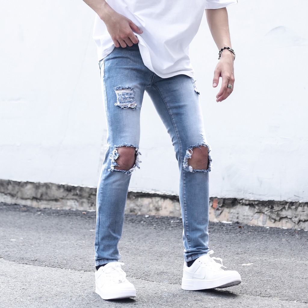 Quần Skinny Jeans Nam-Màu Xanh Nhạt-Rách Gối To-Chất Liệu Cotton Co Giãn-Ống Đứng Dáng-Ống Ôm Chân Chuẩn Skinny | BigBuy360 - bigbuy360.vn