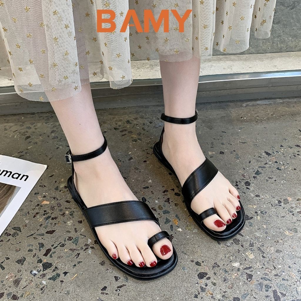 Dép Sandal nữ xỏ ngón chiến binh BAMY đế bệt, Giày sandal quai chéo đi biển đi chơi đi học