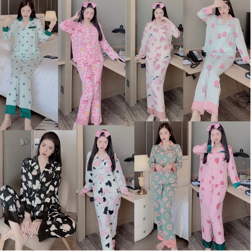 Đồ bộ Pijama lụa satin cao cấp mềm mịn, thoáng mát, dài tay kiểu dáng tiểu thư cực kì đáng yêu