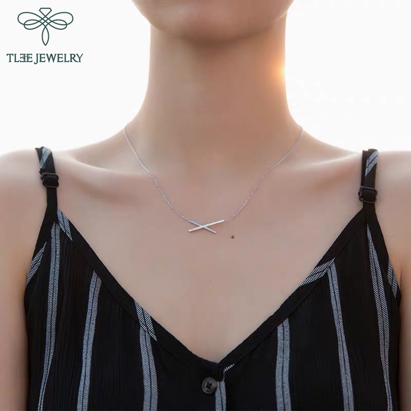 Dây chuyền bạc nữ TLEE thanh bạc chéo nạm đá lấp lánh TleeJewelry D0122