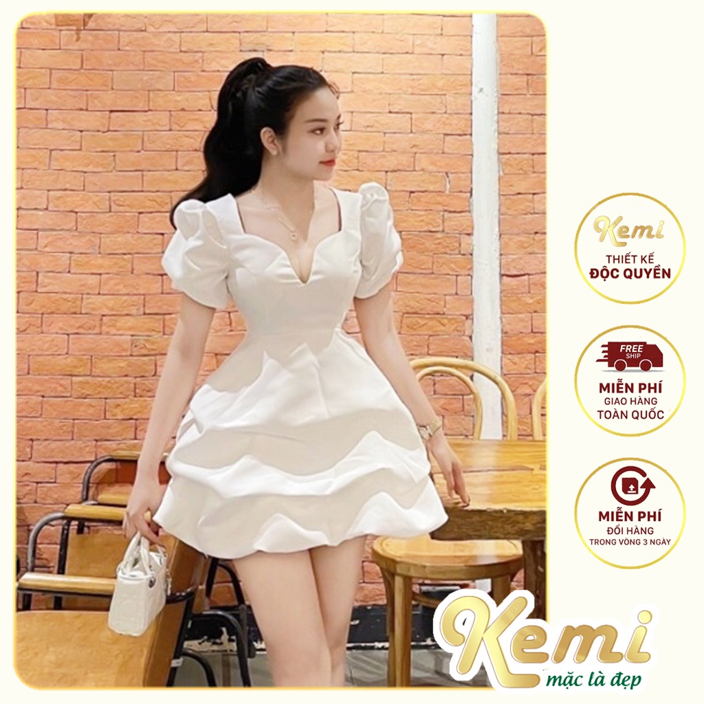 Váy đầm dự tiệc cổ V tay bồng xẻ lưới ngực dáng xòe bồng tiểu thư chất Tafta cao cấp siêu sang Kemi thiết kế mặc là đẹp