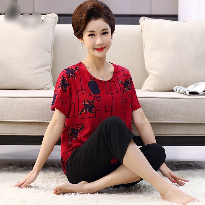 Bộ mặc nhà trung niên cách tân vải cotton lụa, áo ngắn tay quần lửng sang trong lịch sự