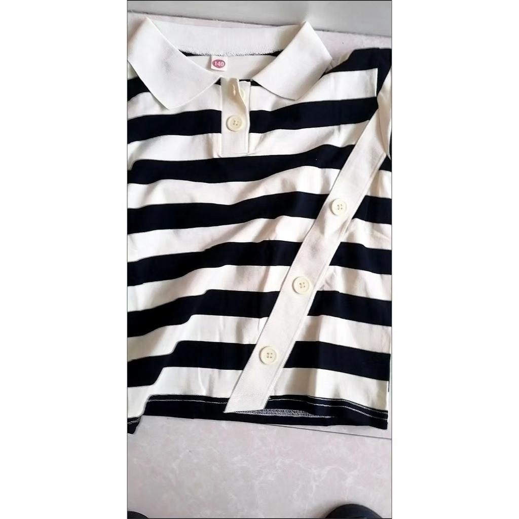 Áo Thun polo Ngắn Tay Họa Tiết Kẻ Sọc Ngang Phong Cách Hàn Quốc Cho Bé Gái 12-14 Tuổi