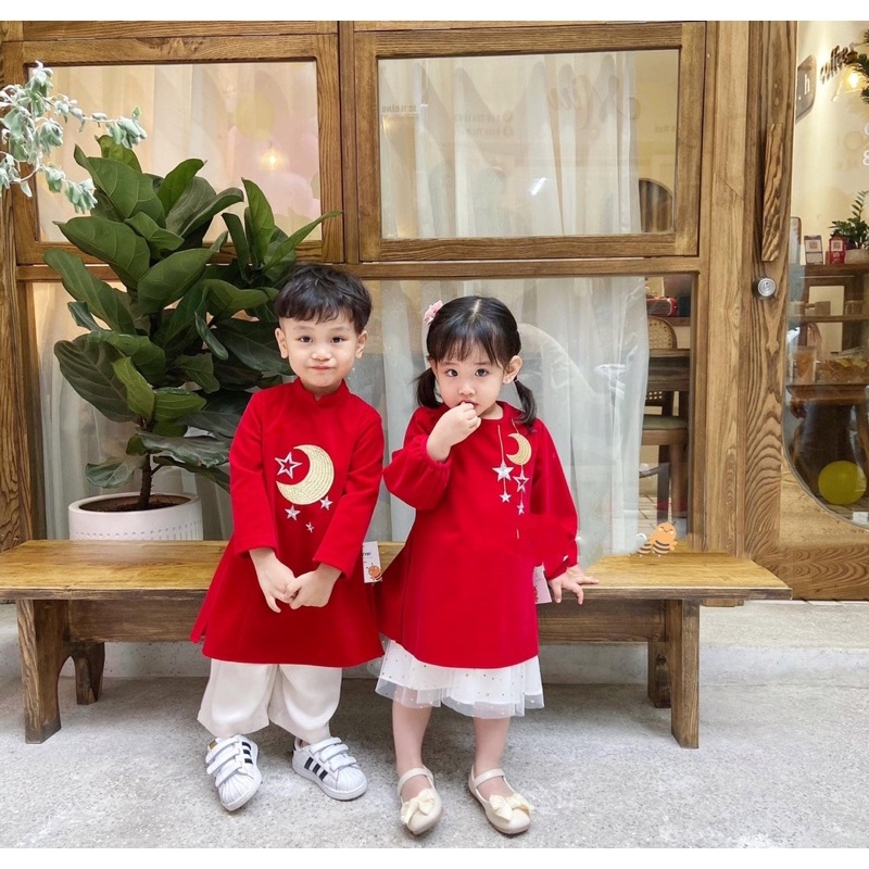 Áo Dài Tết Nhung Đỏ Cao Cấp Cho Bé Mặc Tết, Áo Dài Cách Tân Cho Bé Trai Bé Gái