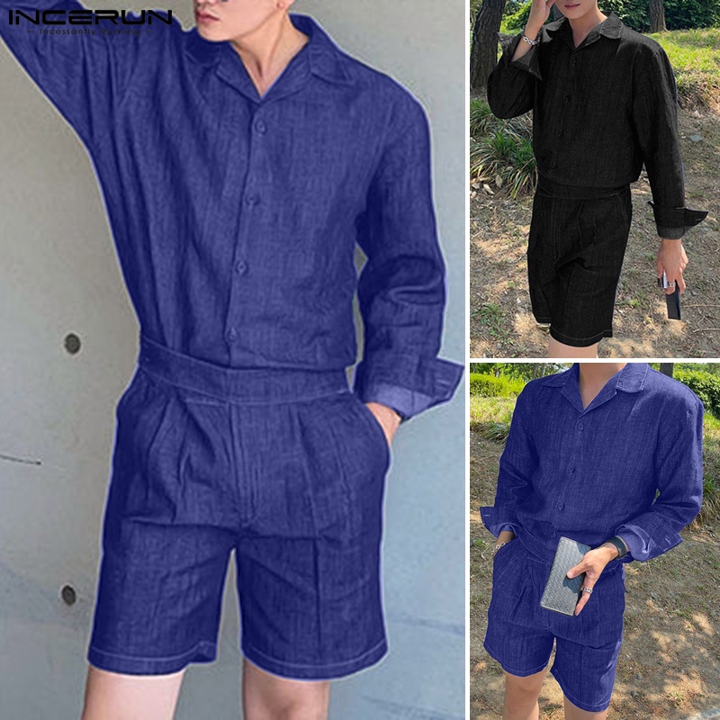 Jumpsuit INCERUN denim tay dài phối khóa kéo và nút cài phong cách Hàn Quốc thời trang cho nam