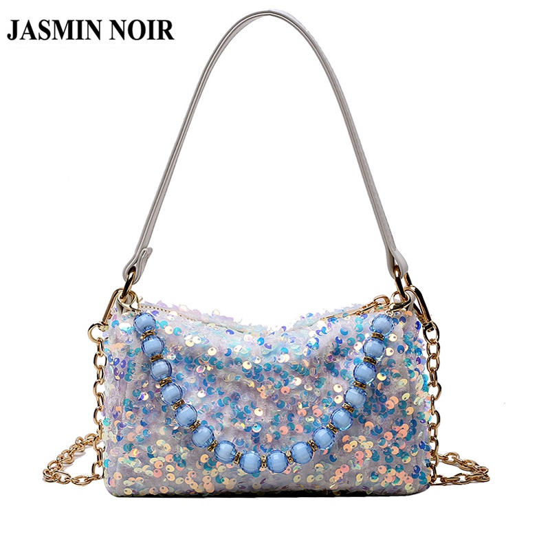 Túi đeo vai JASMIN NOIR bằng da PU đính sequin phối chuỗi hạt ngọc trai thời trang cho nữ
