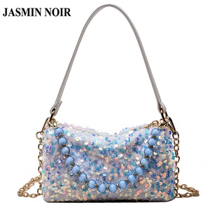 Túi đeo JASMIN NOIR vai  bằng da PU đính sequin phối chuỗi hạt ngọc trai thời trang cho nữ