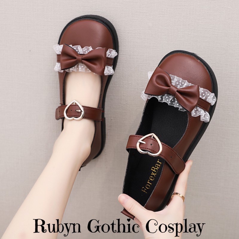 [CÓ SẴN]  Giày Búp Bê Lolita Mary Janes phối Nơ Ren quai dán khoá trái tim ( Size 35 - 39 )