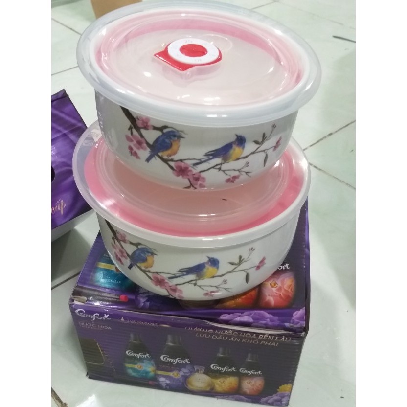 Bộ 2 Thố Sứ Hoa Văn Ngẫu Nhiên Kèm Nắp Hút Chân Không Tiện Lợi