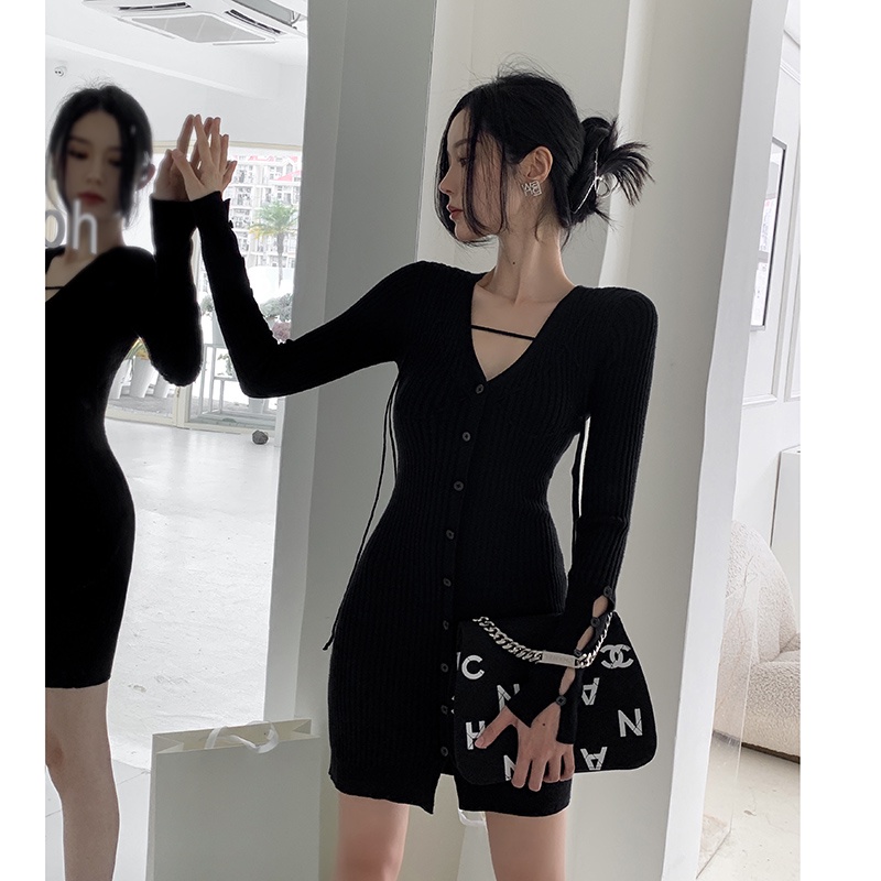 Cocory vn Đầm dệt kim tay dài cổ chữ V dáng ôm 4 màu gợi cảm cho nữ