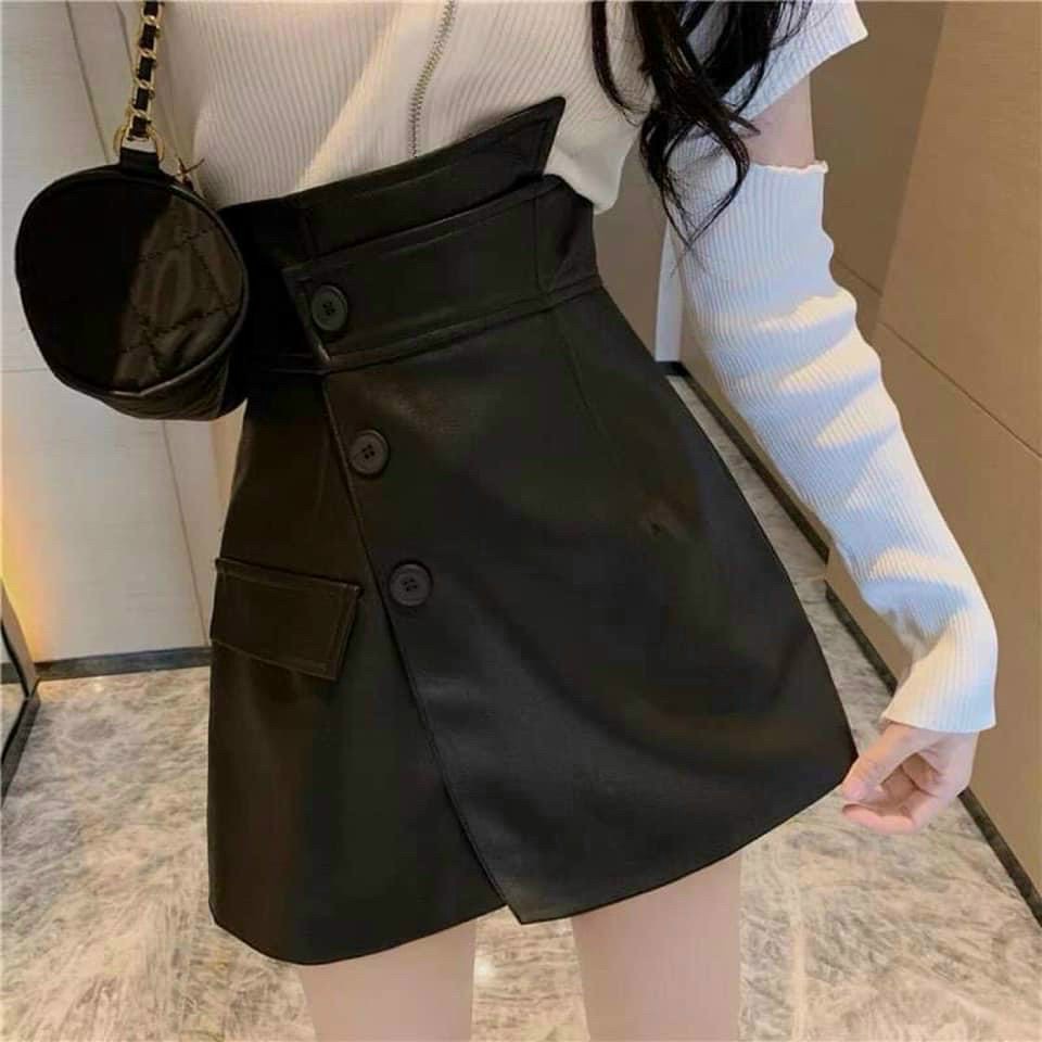 Chân Váy Da Nữ Cạp Cao Vạt Xếp Lệch 3 Khuy Hàng Cao Cấp 2 màu đen nâu