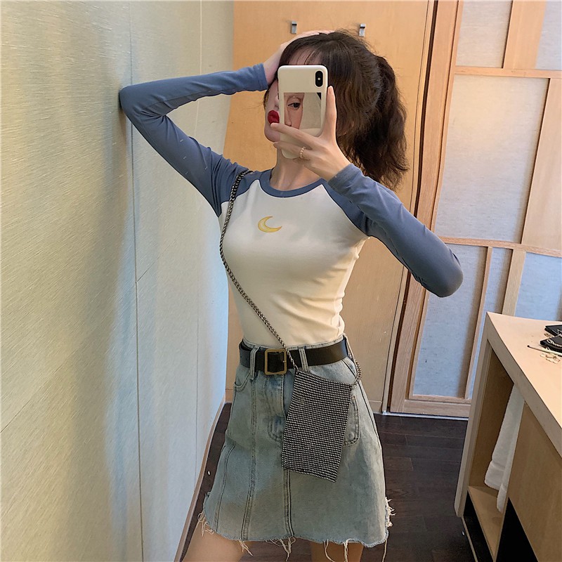 Áo thun len tay dài màu raglan nữ màu Hàn Quốc ôm body ulzzang ( 4 màu )