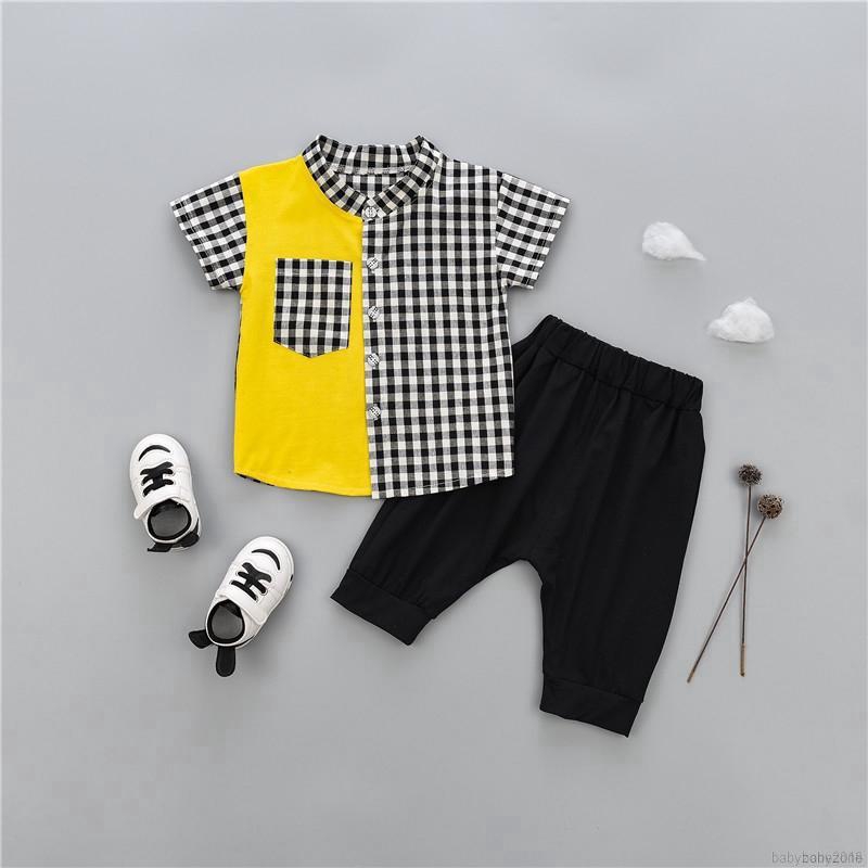 Bộ áo ngắn tay kẻ ca rô + quần short cho bé