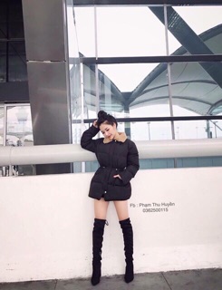 Áo khoác phao cổ lông rút eo