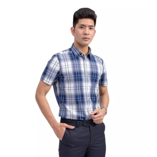Áo sơ mi công sở nam tay ngắn Aristino màu xanh sọc caro trắng dáng slim fit vải sợi sồi cao cấp ASS004S9