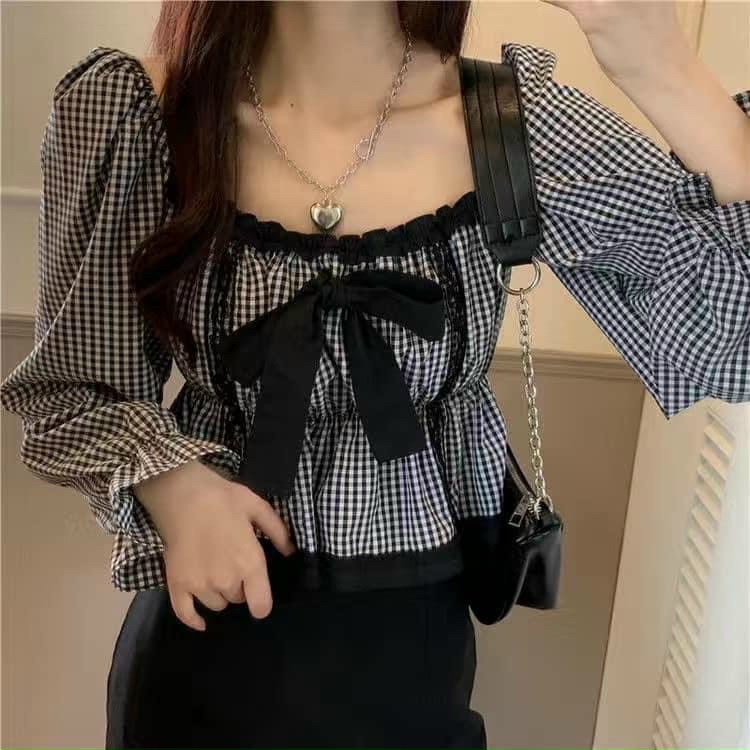 Áo kiểu cổ vuông nơ cổ caro tiểu thư tay bồng xinh lss