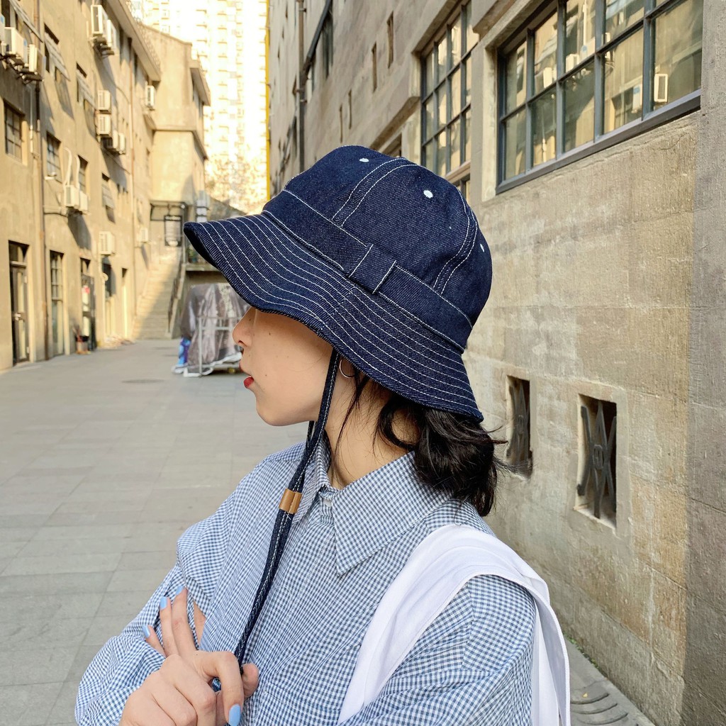 Mũ Bucket denim dây buộc chống gió che nắng phong cách công nghiệp Nhật Hàn