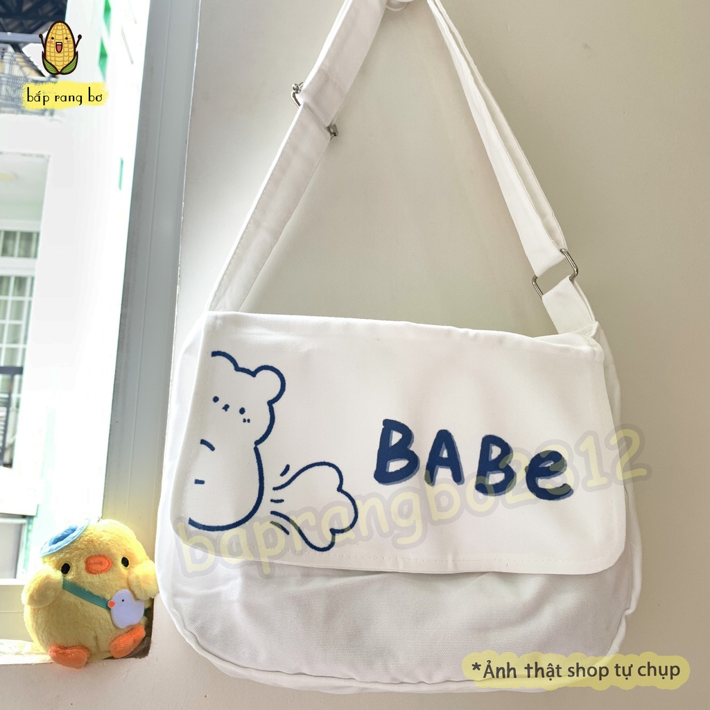 TÚI VẢI ĐEO CHÉO GẤU MỤP CUTE CÓ TÚI CON ĐỂ SÁCH A4 TOTE CANVAS ĐI HỌC ĐI CHƠI