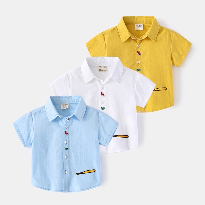 Áo sơmi bé trai WELLKIDS, áo cộc tay cho bé có cổ chất thêu hình ngộ nghĩnh (TX2424)