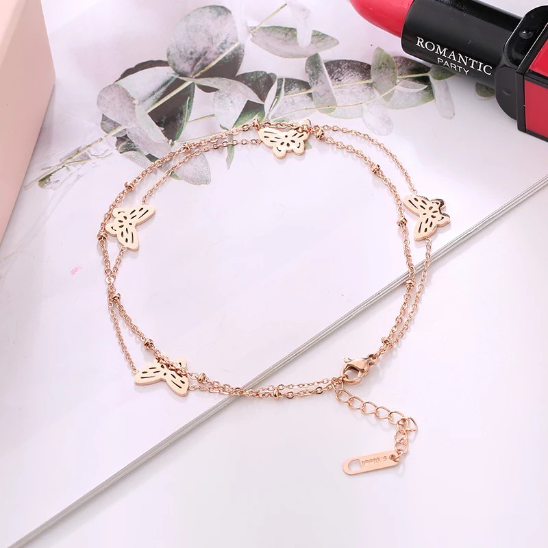 Lắc chân hai lớp thép titan mạ vàng hồng 18k chống nước không phai đính hạt tròn mặt bướm thời trang Hàn Quốc cho nữ