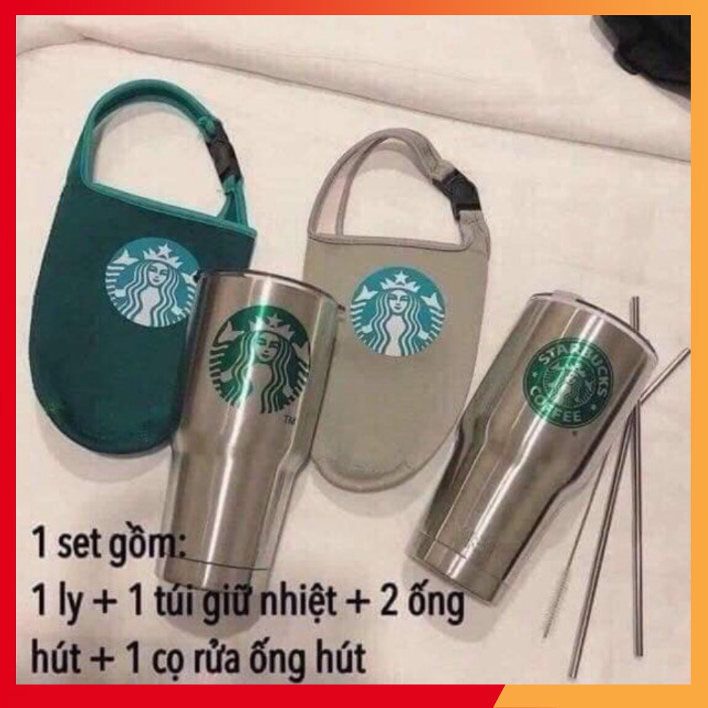 ly giữ nhiệt STARBUCK inox loại lớn cao cấp 900ml tặng kèm ống hút, túi xách, cọ chùi rửa