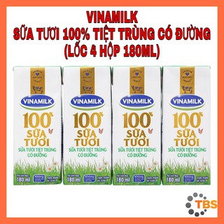 [VINAMILK-SỮA TƯƠI CÓ ĐƯỜNG] SỮA TƯƠI VINAMILK 100% TIỆT TRÙNG CÓ ĐƯỜNG, LỐC 4 HỘP 180ML