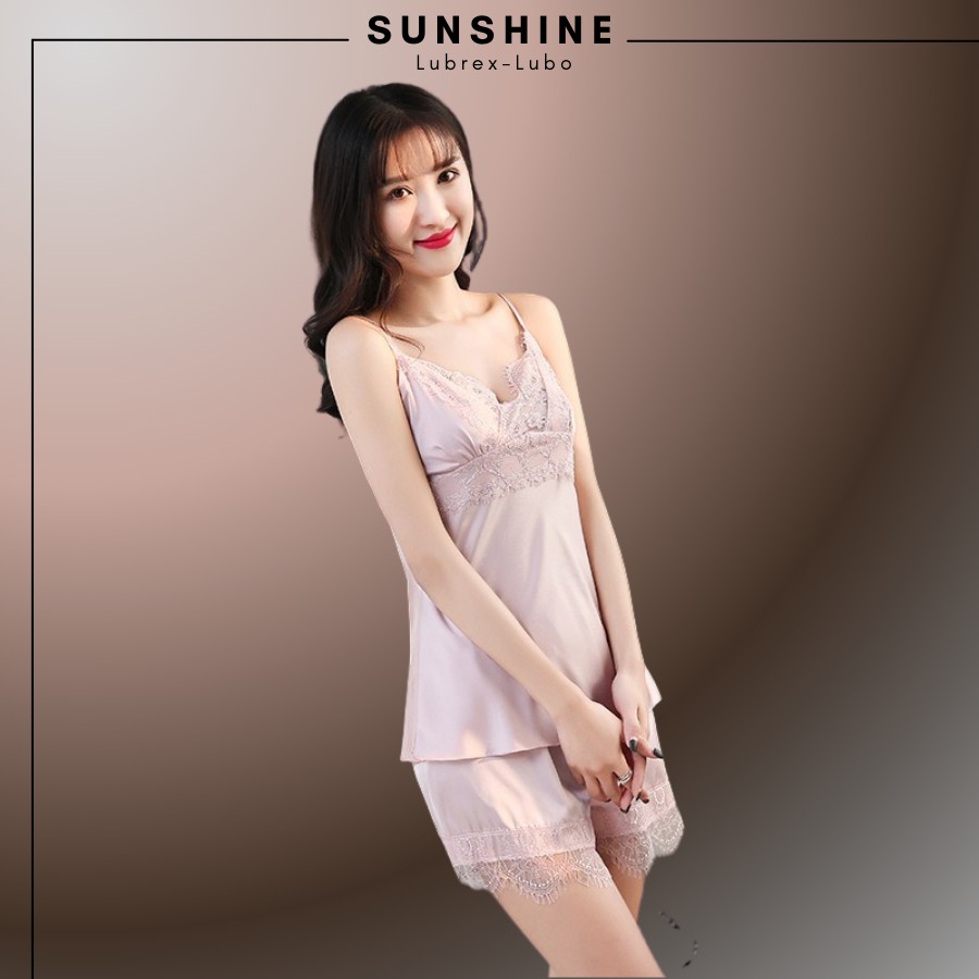 Bộ Đồ Ngủ Nữ Mặc Nhà  Áo 2 Dây Quần Cộc Phối Ren Nữ Tính Lụa Trơn Cao Cấp MÀU HÔNG SUNSHINE MNT230