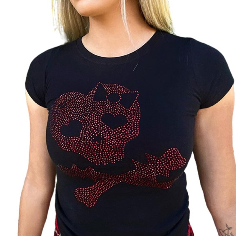 Áo Croptop Tay Ngắn In Hình Đầu Lâu Đính Đá Cá Tính Cho Nữ