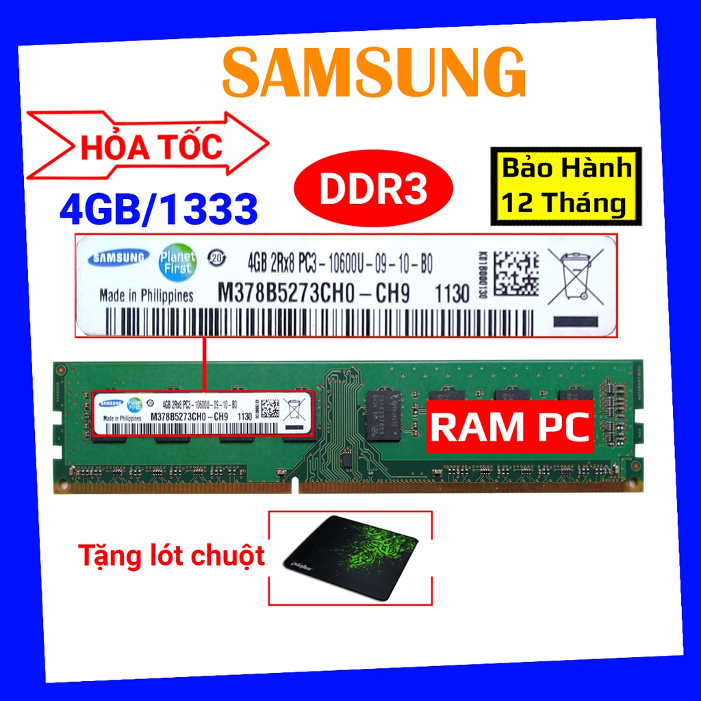 ram ddr3 4gb bus 1333 - 16 chip lắp main g41 h61 b75 h81 b85 chính hãng samsung pc3 10600u bảo hành 12 tháng