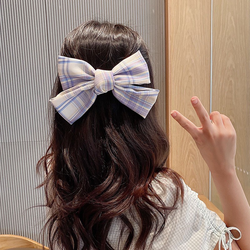 Kẹp tóc nơ cỡ lớn kẻ caro ngọt ngào dành cho nữ phong cách Hàn Quốc; S14 - BONMIE