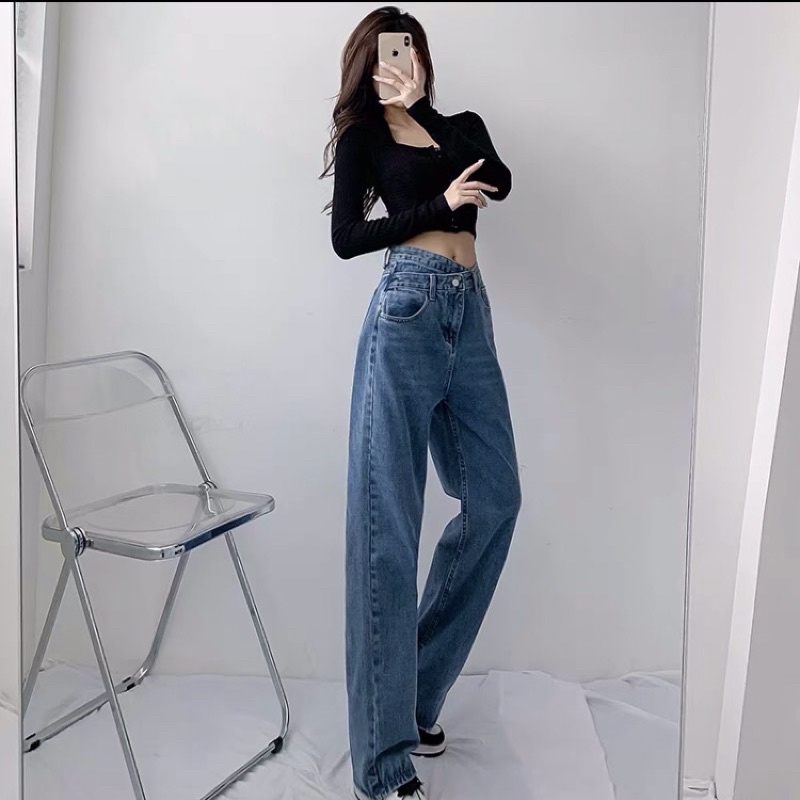 Quần jean denim ống rộng lưng xéo chất phát ngất