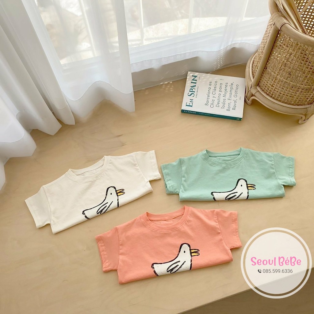 Áo phông cộc cổ tròn họa tiệt chú chim co giãn 4 chiều cho bé, chất mát, mịn DUCK BLACKBEAN, made in Korea
