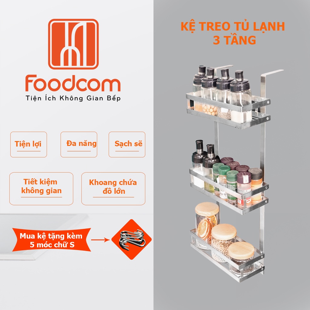 Kệ treo tủ lạnh đa năng 3 tầng FOODCOM, chất liệu inox cao cấp có keo 3M chắc chắn, đựng đồ tiện dụng.