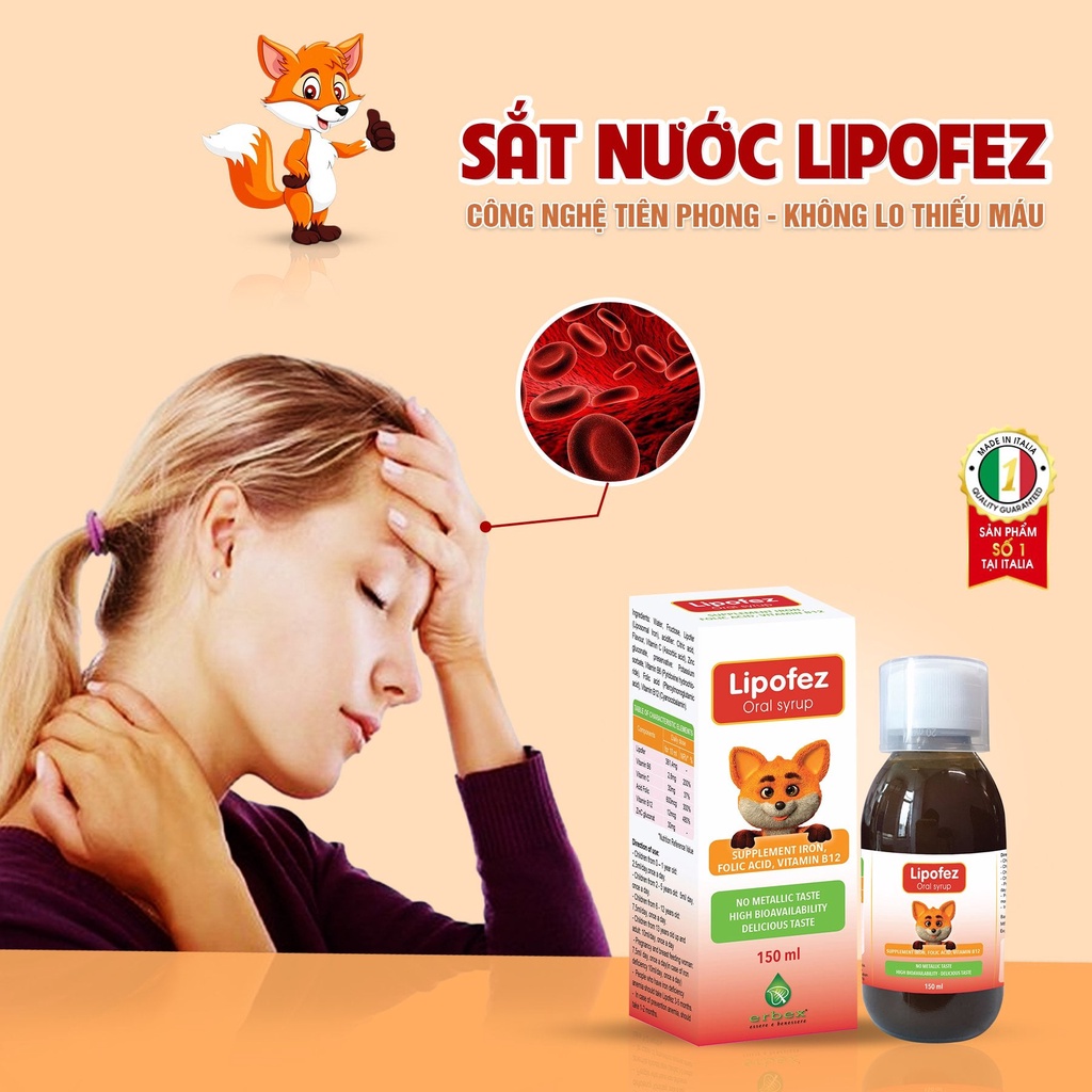 Siro Lipofez Oral Syrup bổ sung sắt và các loại vitamin cho bé hỗ trợ giảm nguy cơ thiếu máu Lọ 150ml