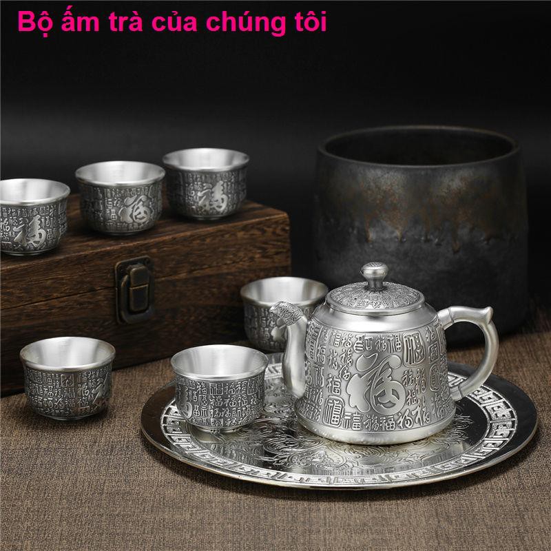 nhà cửa đời sốngBộ ấm trà bạc Baifu 999 sterling phong cách Trung Quốc 1 khay bình 6 chén Longteng retro để gửi qu