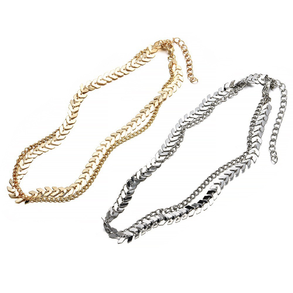 Vòng cổ choker bằng kim loại thiết kế 2 dây hình chuỗi lá đơn giản