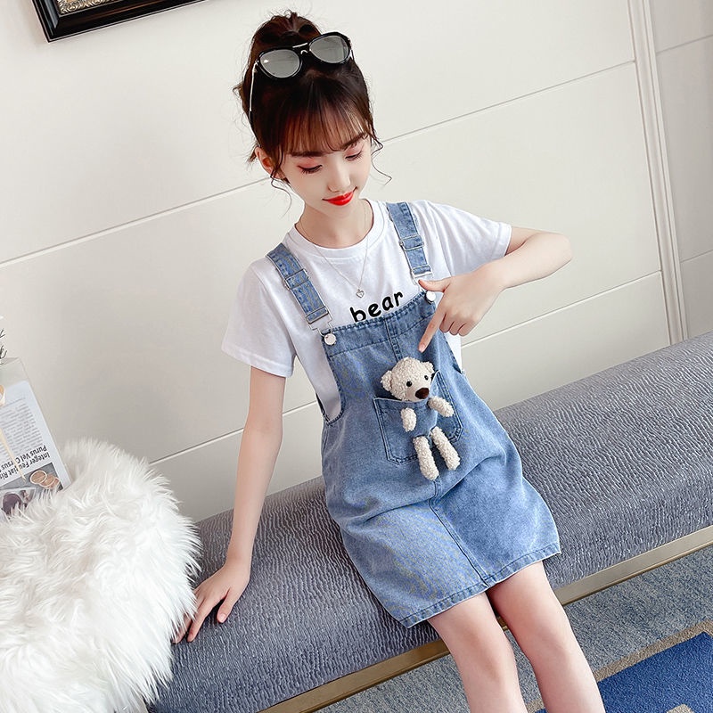 Bộ Trang Phục Hai Mảnh Áo Thun Tay Ngắn Và Váy Yếm Denim Thời Trang Hàn Quốc Mùa Hè Hình Gấu Công Chúa Dành Cho Bé Gái 2022