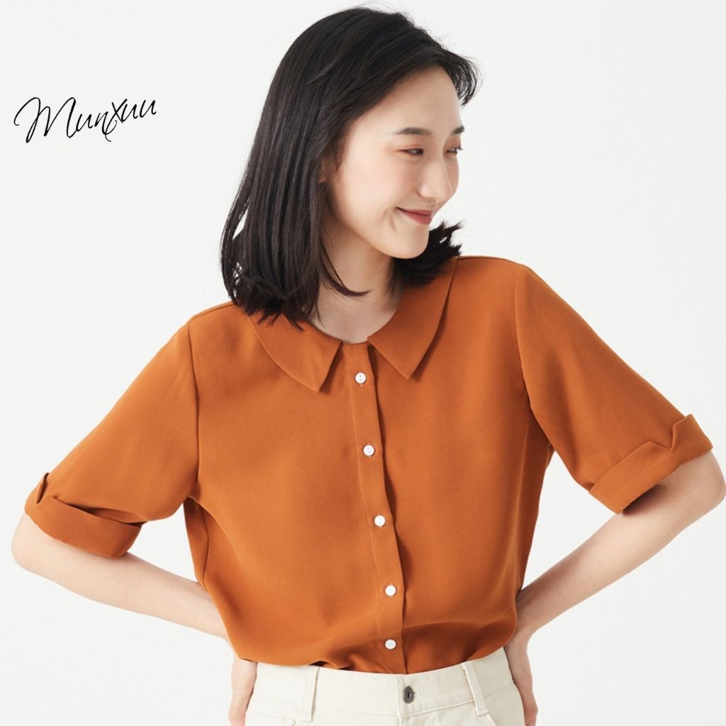 Áo sơ mi nữ trắng công sở MUNXUU, thiết kế cổ sen mềm mại nữ tính - SP08