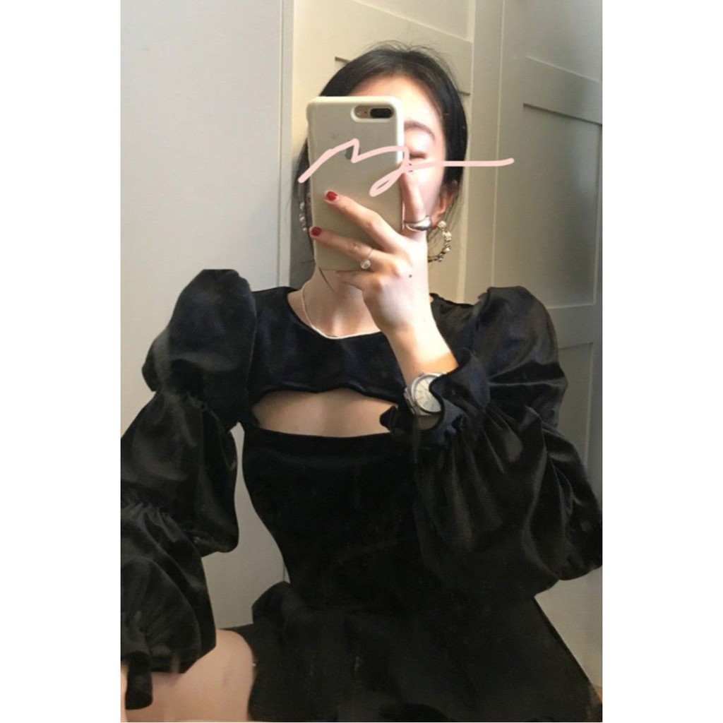 Áo kiểu chất nhung xẻ ngực tay bồng bèo nhún ulzzang sexy - Có ảnh thật