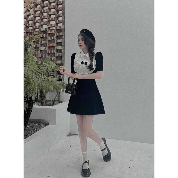 đầm nhung xoè xếp li ngực