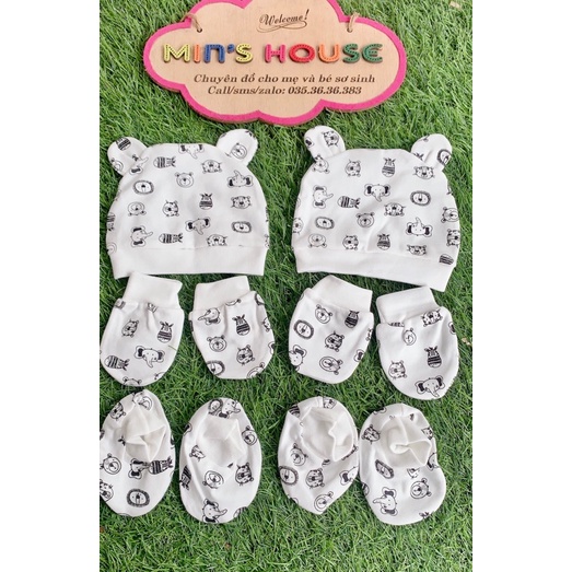 Set Mũ Bao Tay Bao Chân 100% Cotton Họa Tiết Đen Trắng Cho Bé 0-6 Tháng